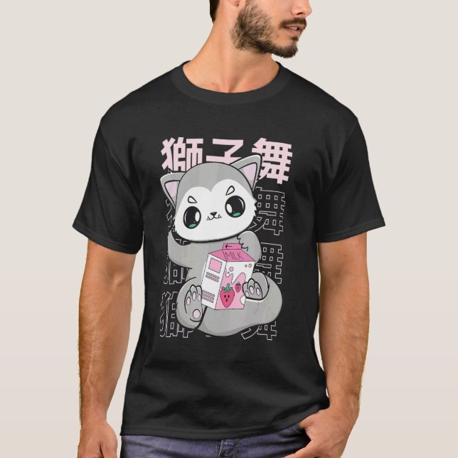 Cute Wolf With Strawberry Milk Bubble Tea For Boba T-Shirt (Front)