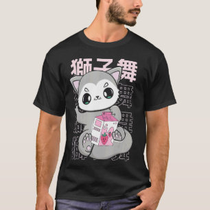 Cute Wolf With Strawberry Milk Bubble Tea For Boba T-Shirt