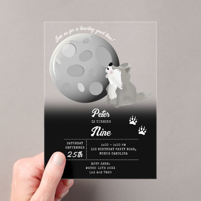 Cute Wolf Woodland Moon Howling Kids Birthday Acrylic Invitations (Insitu (Handheld))