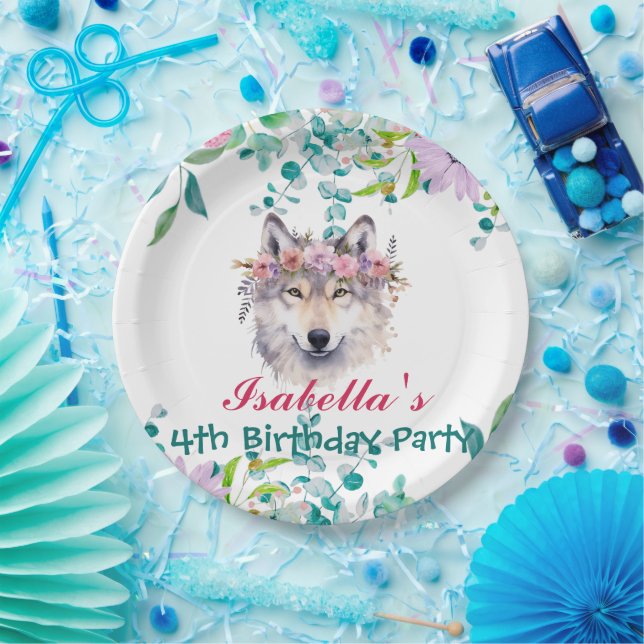 Cute Wolf zoo animals jungle Floral Birthday party Paper Plate (Party)