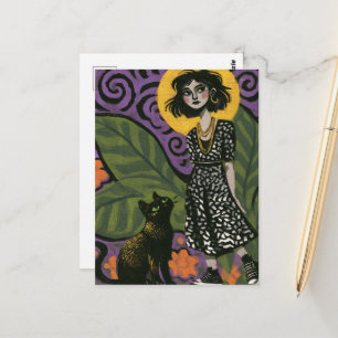 Cute woman and her cat postcard