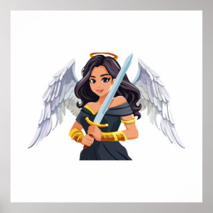 Cute woman Angel's with open wings and sword Poster