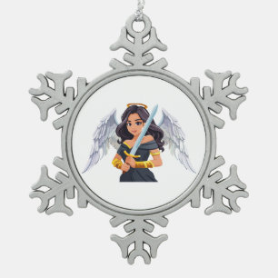 Cute woman Angel's with open wings and sword Snowflake Pewter Christmas Ornament