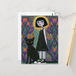 Cute woman with her black cat postcard