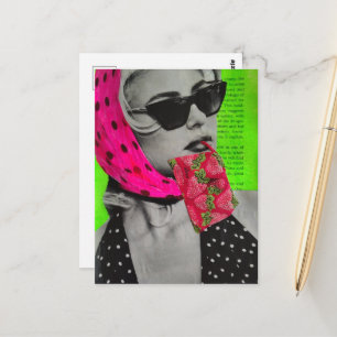 Cute Woman With Strawberry Purse Collage Postcard