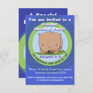 Cute wombat cartoon 2 years birthday invitation
