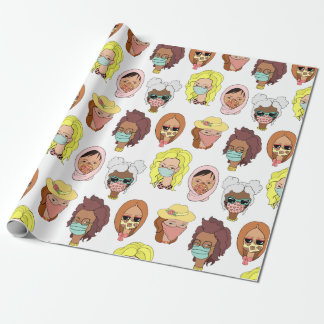 Cute Women Wearing Face Masks Illustration Pattern Wrapping Paper