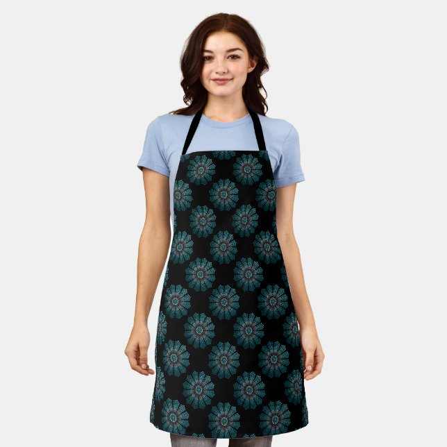 Cute Women's Fancy Black White Teal Dot Art Apron (Worn)