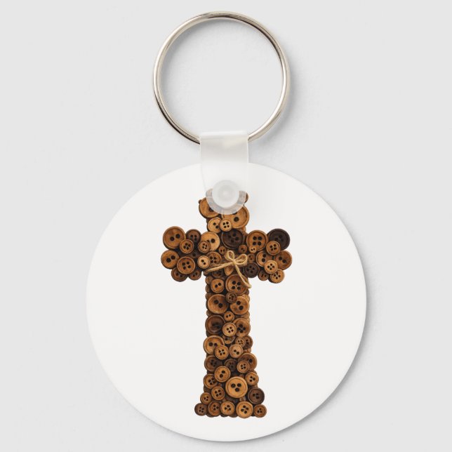 cute Wooden Button Cross christian  Key Ring (Front)