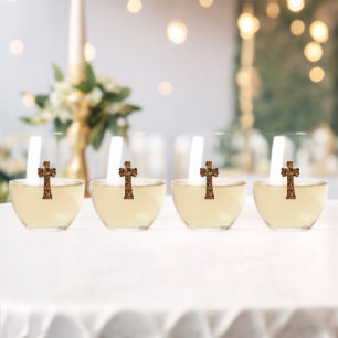 cute Wooden Button Cross Christian Stemless Wine Glass