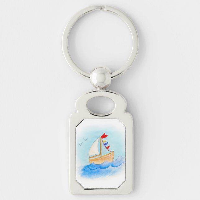 Cute wooden sailing boat art keychain (Front)