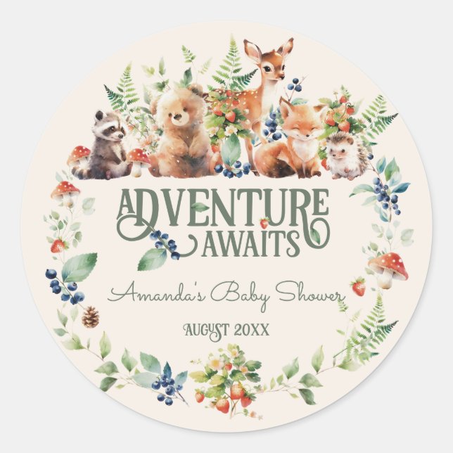 Cute Woodland Animal Adventure Neutral Baby Shower Classic Round Sticker (Front)
