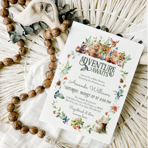 Cute Woodland Animal Adventure Neutral Baby Shower Invitation