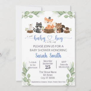 Cute Woodland Animal Baby Boy Shower Invitation