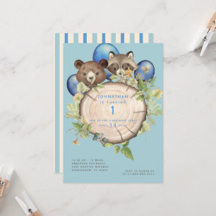 Cute Woodland Animal Baloons 1st Birthday Party Invitation