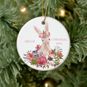 Cute Woodland Animal Bunny Floral Name Christmas Ceramic Ornament