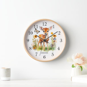 Cute Woodland Animal Deer and Butterflies Clock
