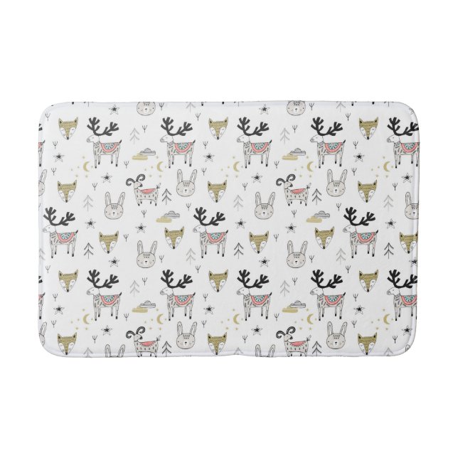 Cute Woodland Animal Doodle Pattern Bath Mat (Front)