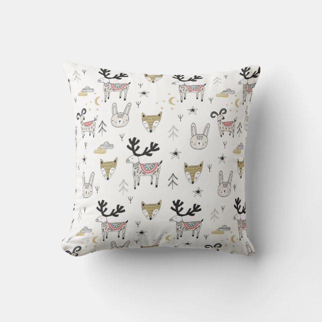 Cute Woodland Animal Doodle Pattern Cushion (Front)