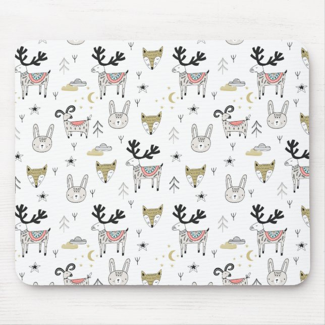 Cute Woodland Animal Doodle Pattern Mouse Pad (Front)