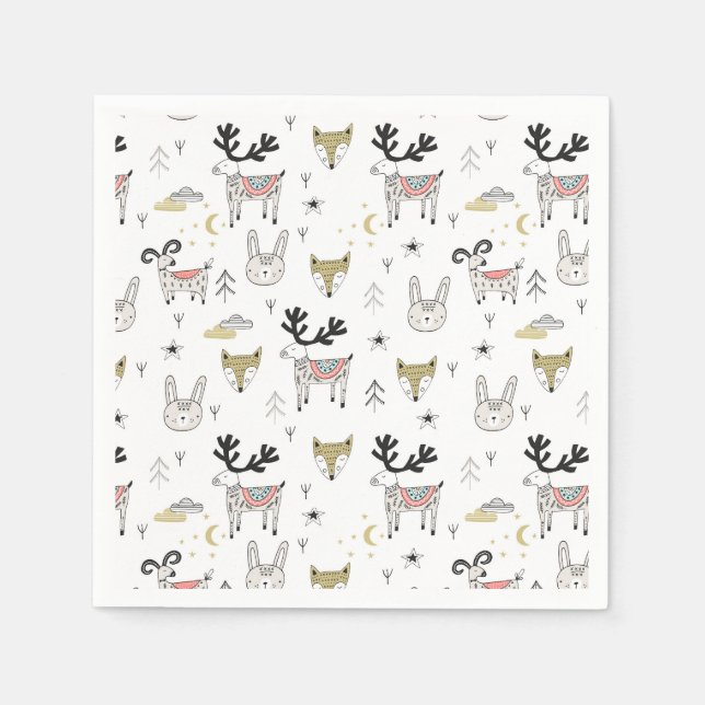 Cute Woodland Animal Doodle Pattern Napkin (Front)