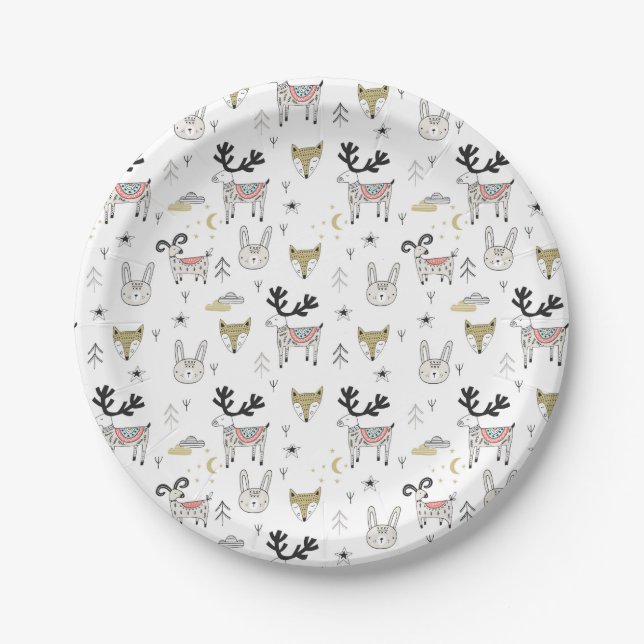 Cute Woodland Animal Doodle Pattern Paper Plate (Front)