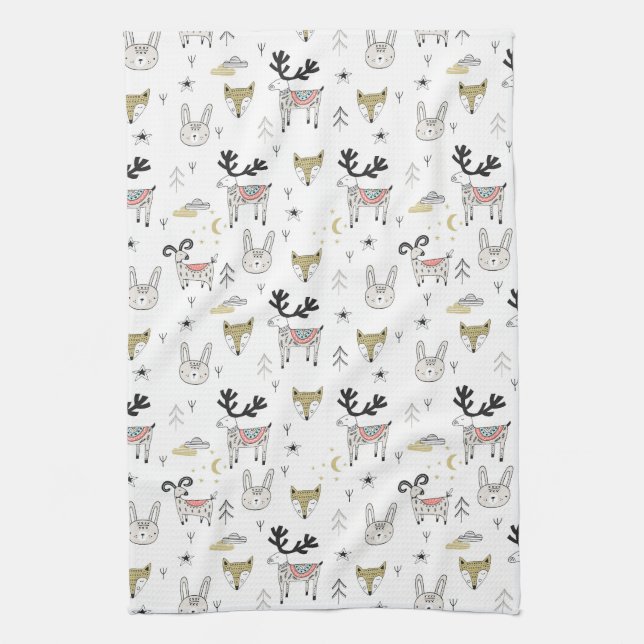 Cute Woodland Animal Doodle Pattern Tea Towel (Vertical)