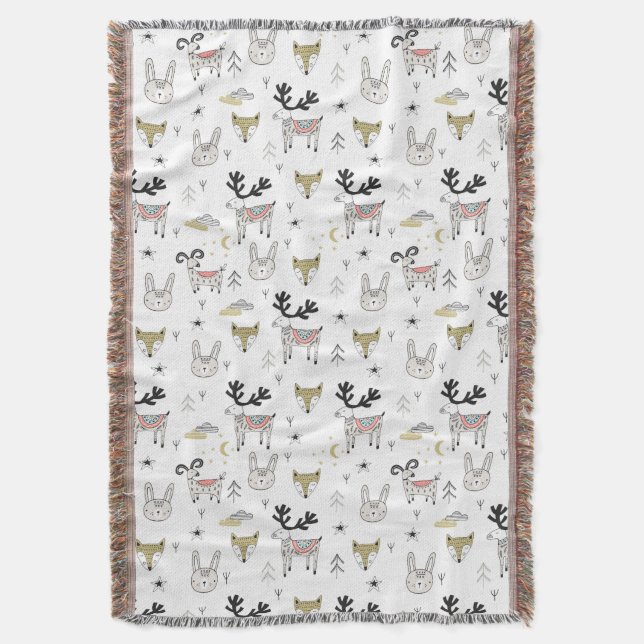 Cute Woodland Animal Doodle Pattern Throw Blanket (Front Vertical)