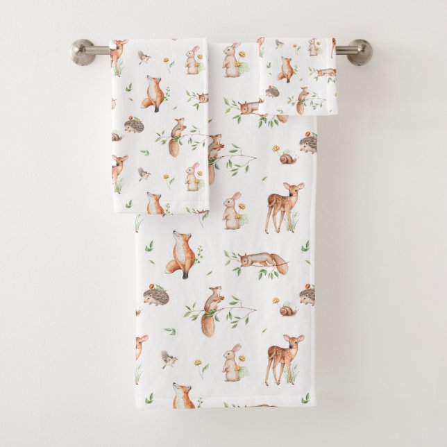 Cute Woodland Animal Friends Pattern Bath Towel Set (Insitu)