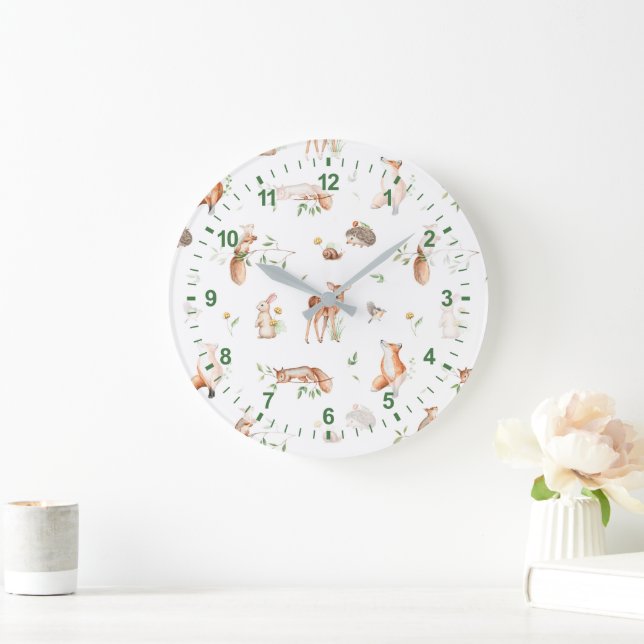 Cute Woodland Animal Friends Pattern Large Clock (Home)
