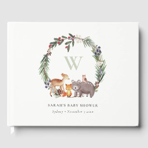 Cute Woodland Animal Leafy Wreath Baby Shower Guest Book