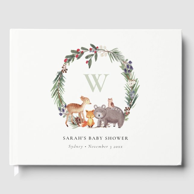 Cute Woodland Animal Leafy Wreath Baby Shower Guest Book (Front)