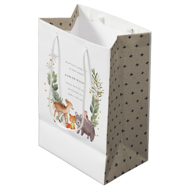 Cute Woodland Animal Leafy Wreath Baby Shower Medium Gift Bag (Front Angled)
