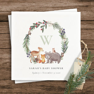 Cute Woodland Animal Leafy Wreath Baby Shower Napkin