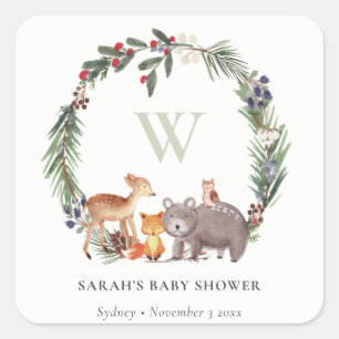 Cute Woodland Animal Leafy Wreath Baby Shower Square Sticker