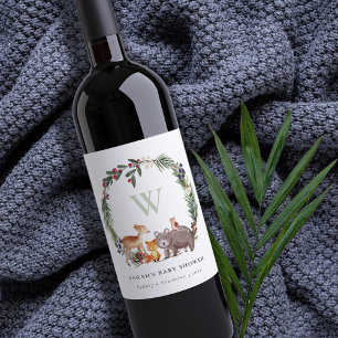 Cute Woodland Animal Leafy Wreath Baby Shower Wine Label