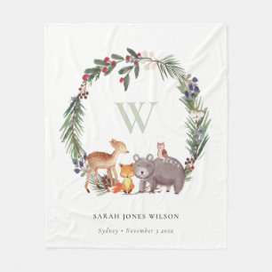 Cute Woodland Animal Leafy Wreath Monogram Kids Fleece Blanket