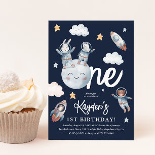 Cute Woodland Animal Space 1st Birthday Invitation