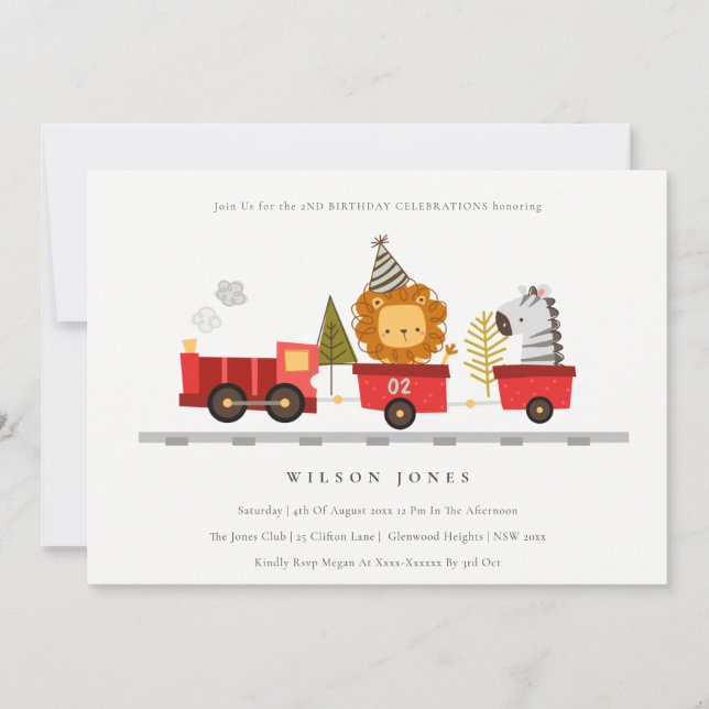 Cute Woodland Animal Train Any Age Birthday Invite (Front)
