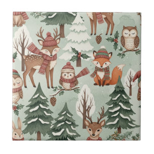 Cute Woodland Animal Winter Forest Pattern Ceramic Tile