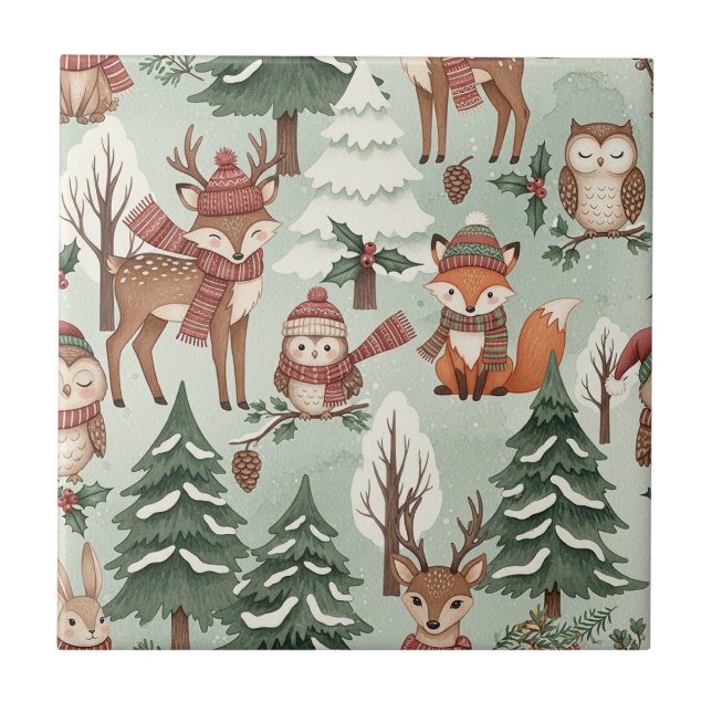Cute Woodland Animal Winter Forest Pattern Ceramic Tile (Front)