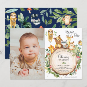 Cute Woodland Animals 1st Birthday Boy Girl Photo Invitation