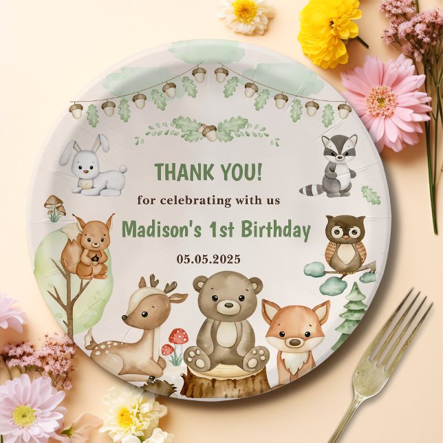Cute Woodland Animals 1st Birthday Party Paper Pla Plate (Creator Uploaded)