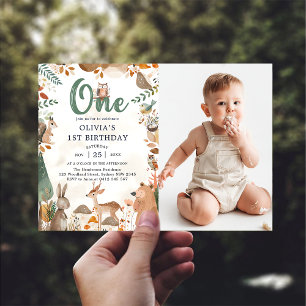 Cute Woodland Animals 1st Birthday Photo  Invitation