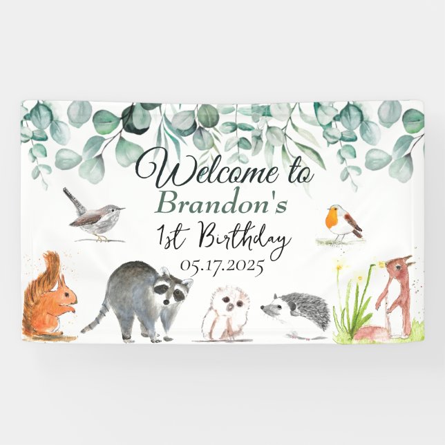 Cute Woodland Animals 1st Birthday Wild One  Banner (Horizontal)