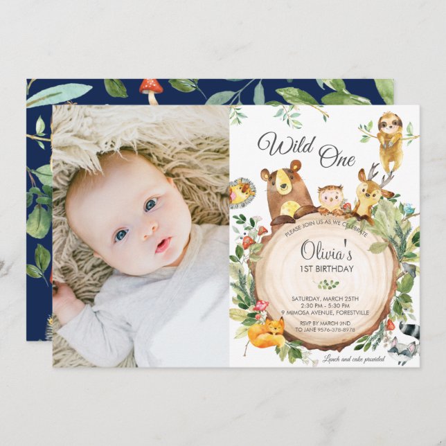 Cute Woodland Animals 1st Birthday Wild One Photo Invitation (Front/Back)