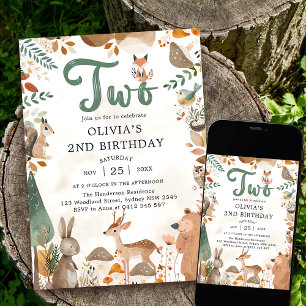 Cute Woodland Animals 2nd Birthday Party  Invitation