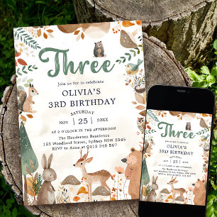 Cute Woodland Animals 3rd Birthday Party  Invitation