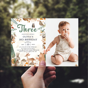 Cute Woodland Animals 3rd Birthday Party Photo  Invitation