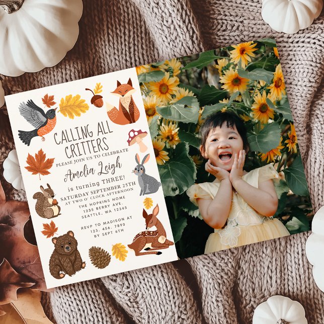 Cute Woodland Animals Autumn Photo Kids Birthday Invitation (Creator Uploaded)